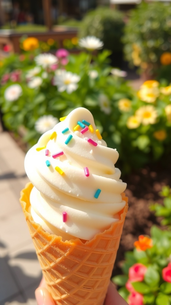A delicious scoop of vanilla ice cream in a cone with sprinkles, set against a sunny garden backdrop.